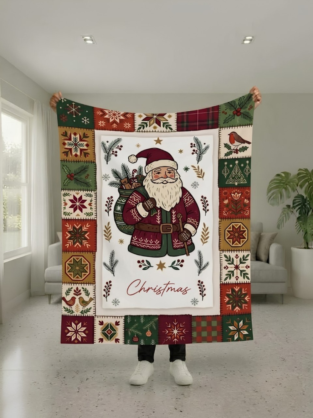Christmas Santa Patchwork Blanket - Red & Green Holiday